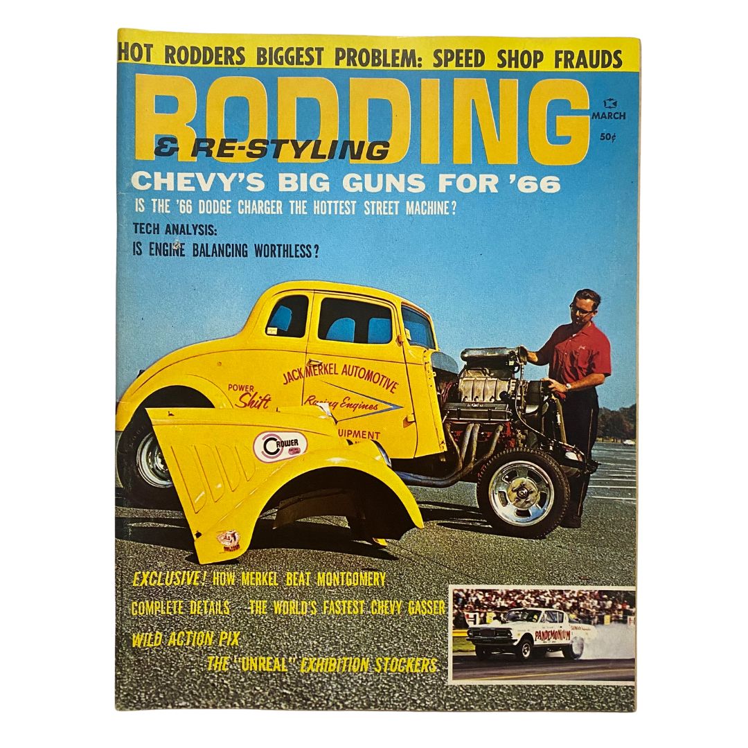 Cover of Rodding & Re-Styling Magazine March 1966 featuring a vintage yellow racing truck and the title 'How Merkel Beat Montgomery'.