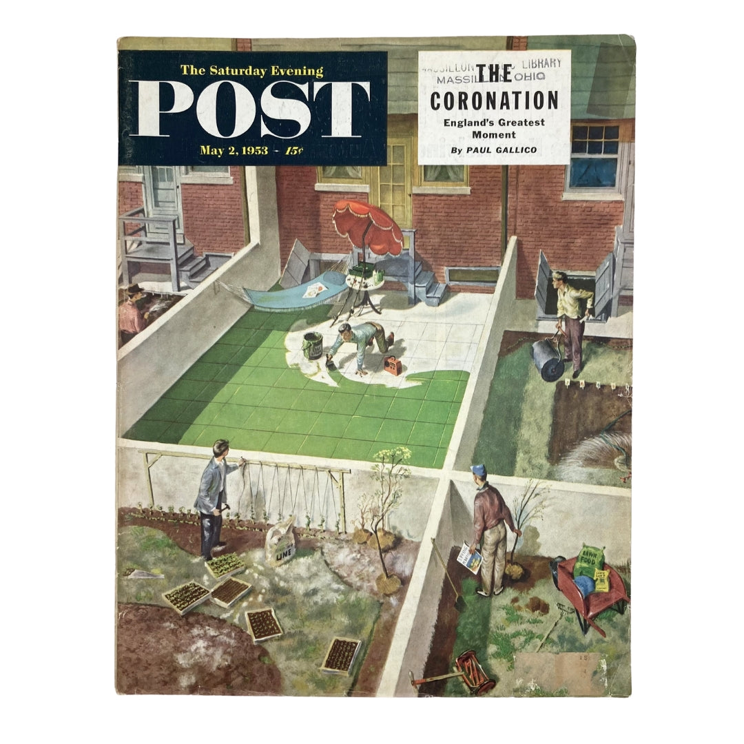 Cover of Saturday Evening Post Magazine, May 2, 1953, featuring the artwork titled 'Spading Sweet Earth' by Thornton Utz, depicting gardening scenes and outdoor activities.