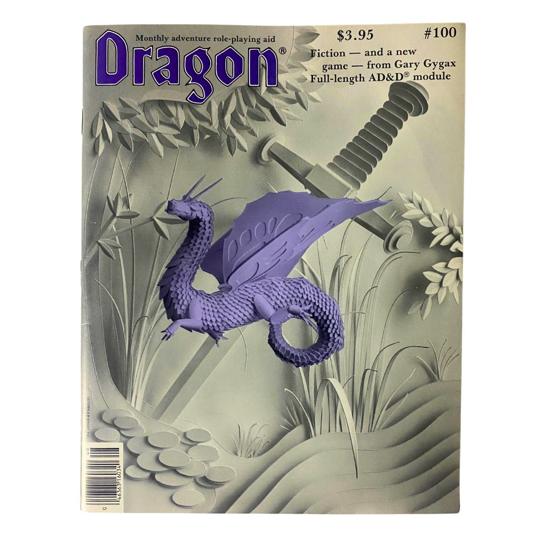 Cover of VTG Dragon Magazine August 1985 Issue #100 featuring a purple dragon against a stylized background, showcasing the iconic art by Dennis Kauth.