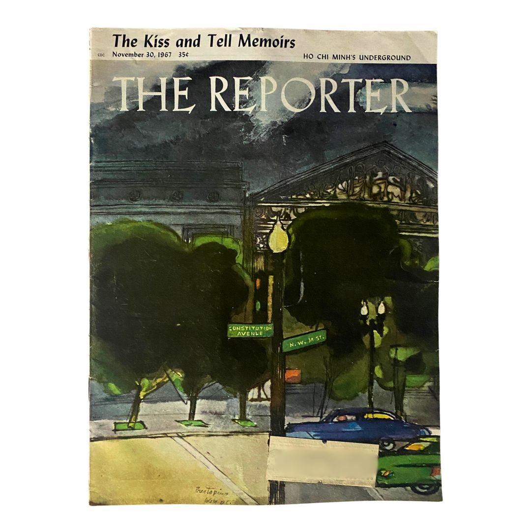 Cover of VTG The Reporter Magazine from November 30, 1967, featuring 'The Kiss and Tell Memoirs' with a painting of a street scene.