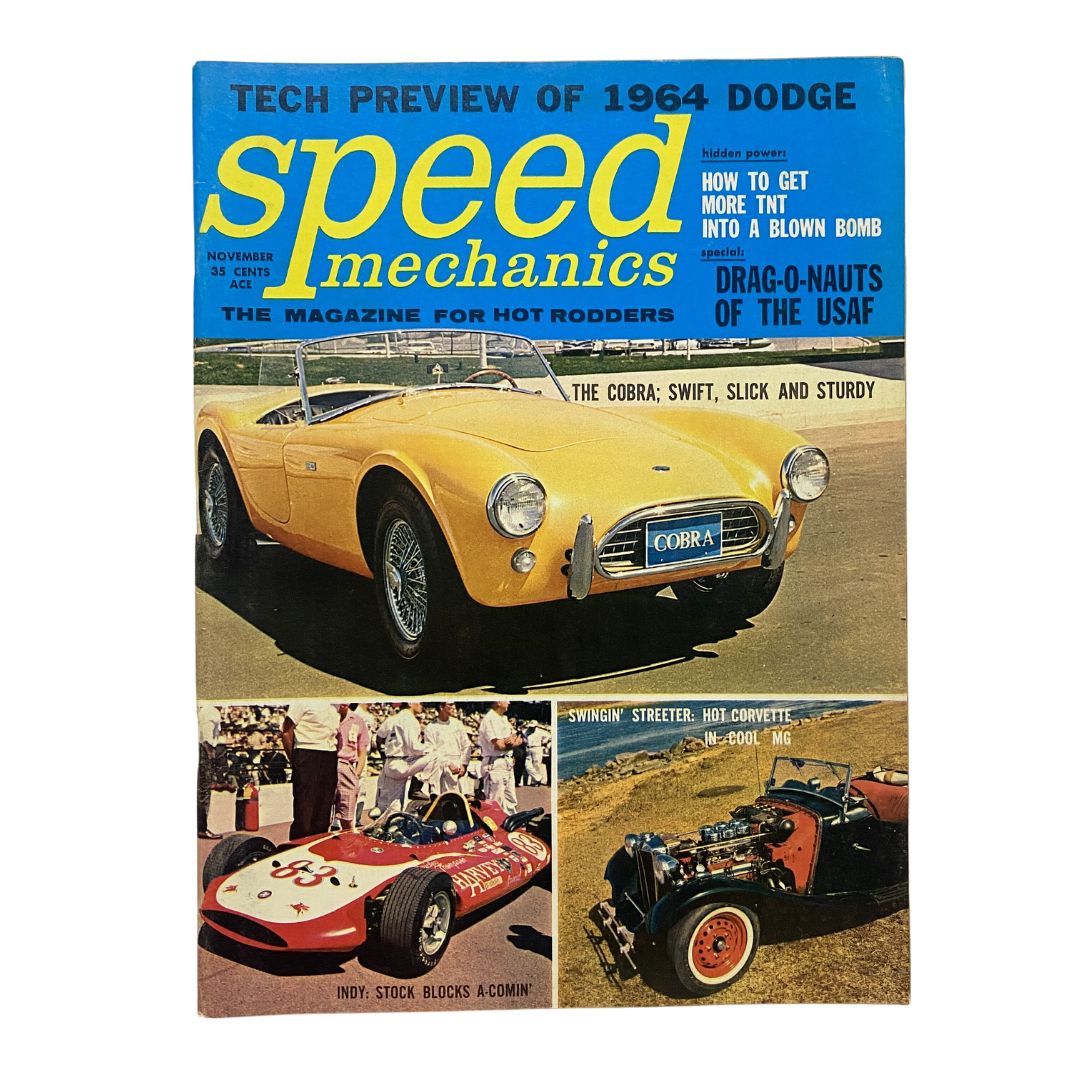 VTG Speed Mechanics Magazine November 1963 featuring Drag-O-Nauts of The USAF on the cover, showcasing a yellow Cobra sports car and images of racing vehicles.