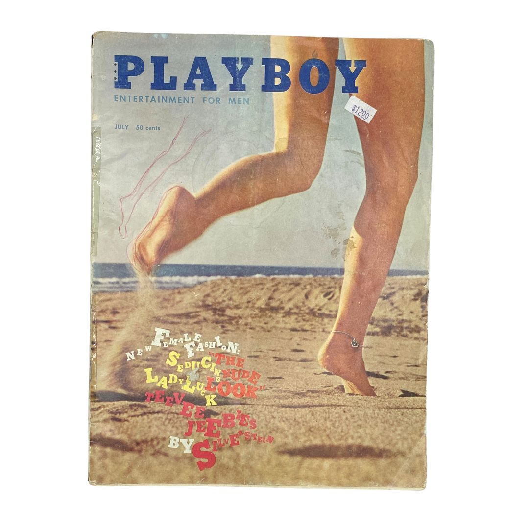 VTG Playboy Magazine July 1960 cover featuring Teddi Smith's centerfold, showcasing bold typography and a beach background.
