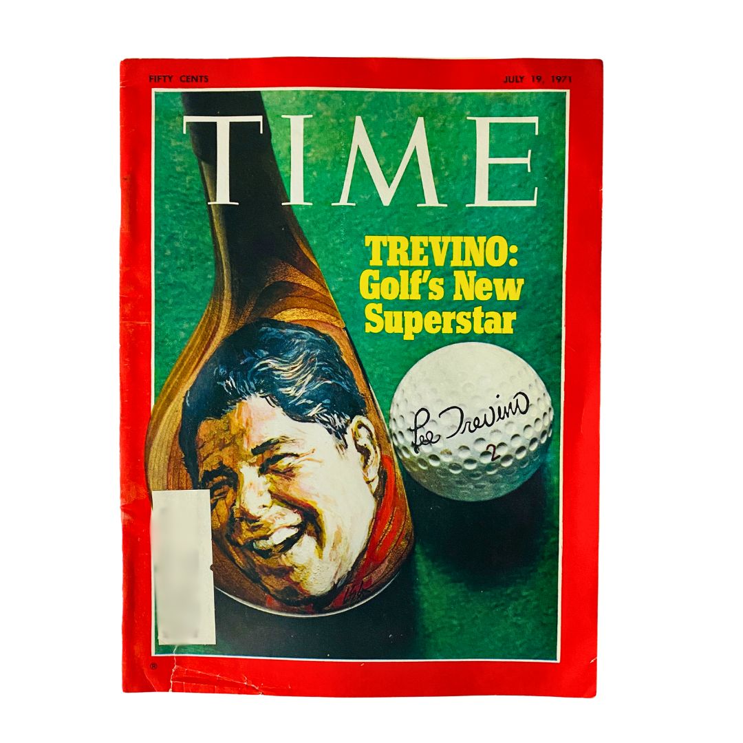 VTG Time Magazine July 19 1971 featuring Lee Trevino on the cover, titled 'Golf's New Superstar', showcasing a vibrant illustration of Trevino smiling with a golf ball.