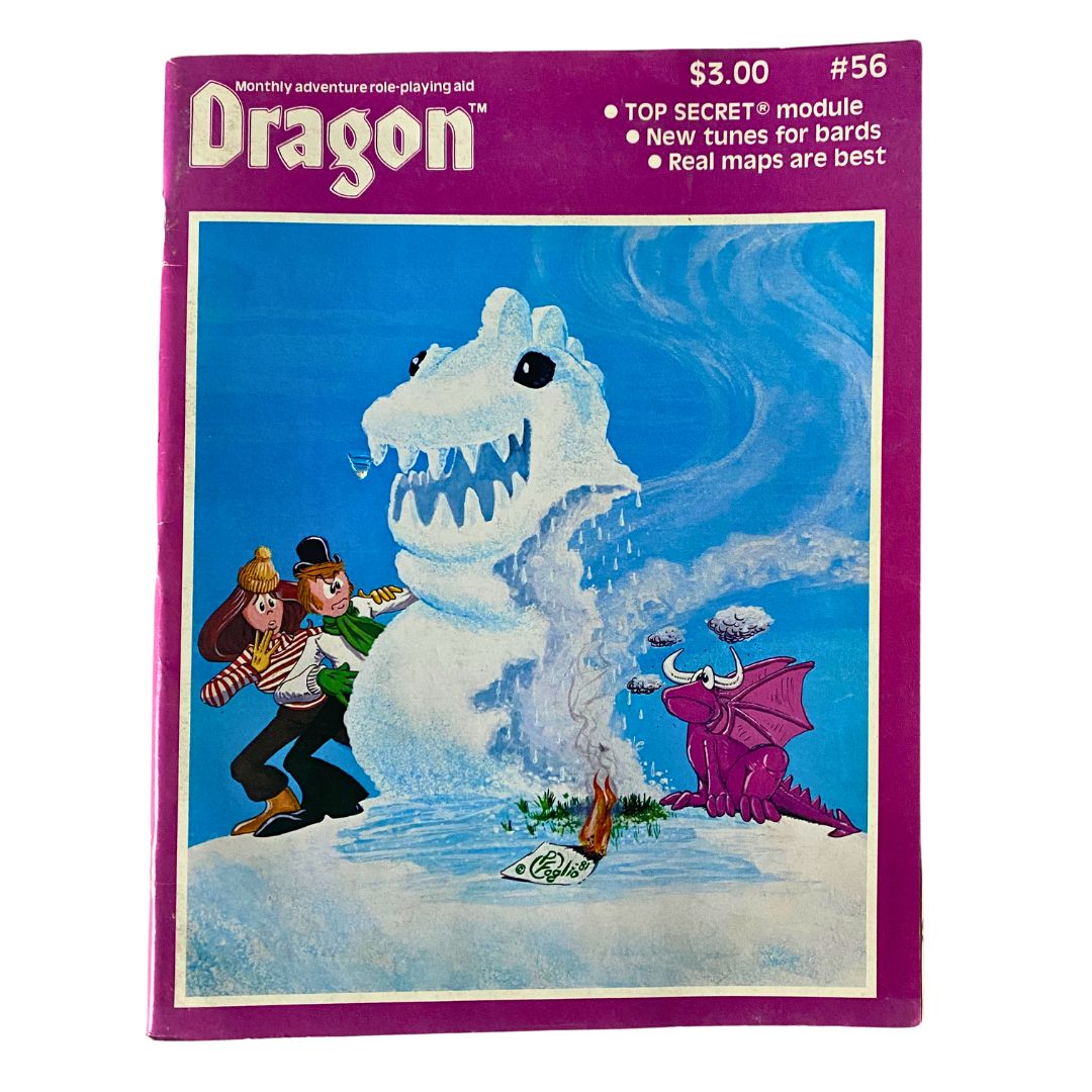 Cover of VTG Dragon Magazine December 1981, Issue #56, featuring a whimsical illustration of a snow dragon and characters, representing the Alulu Island Mission.