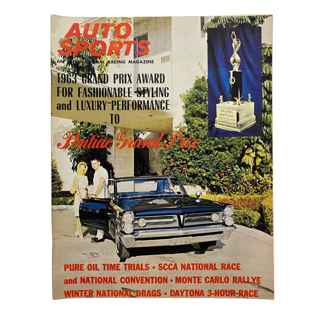 Cover of Auto Sports Int'l Racing Magazine May 1963 featuring the Pontiac Grand Prix and award for fashionable styling.