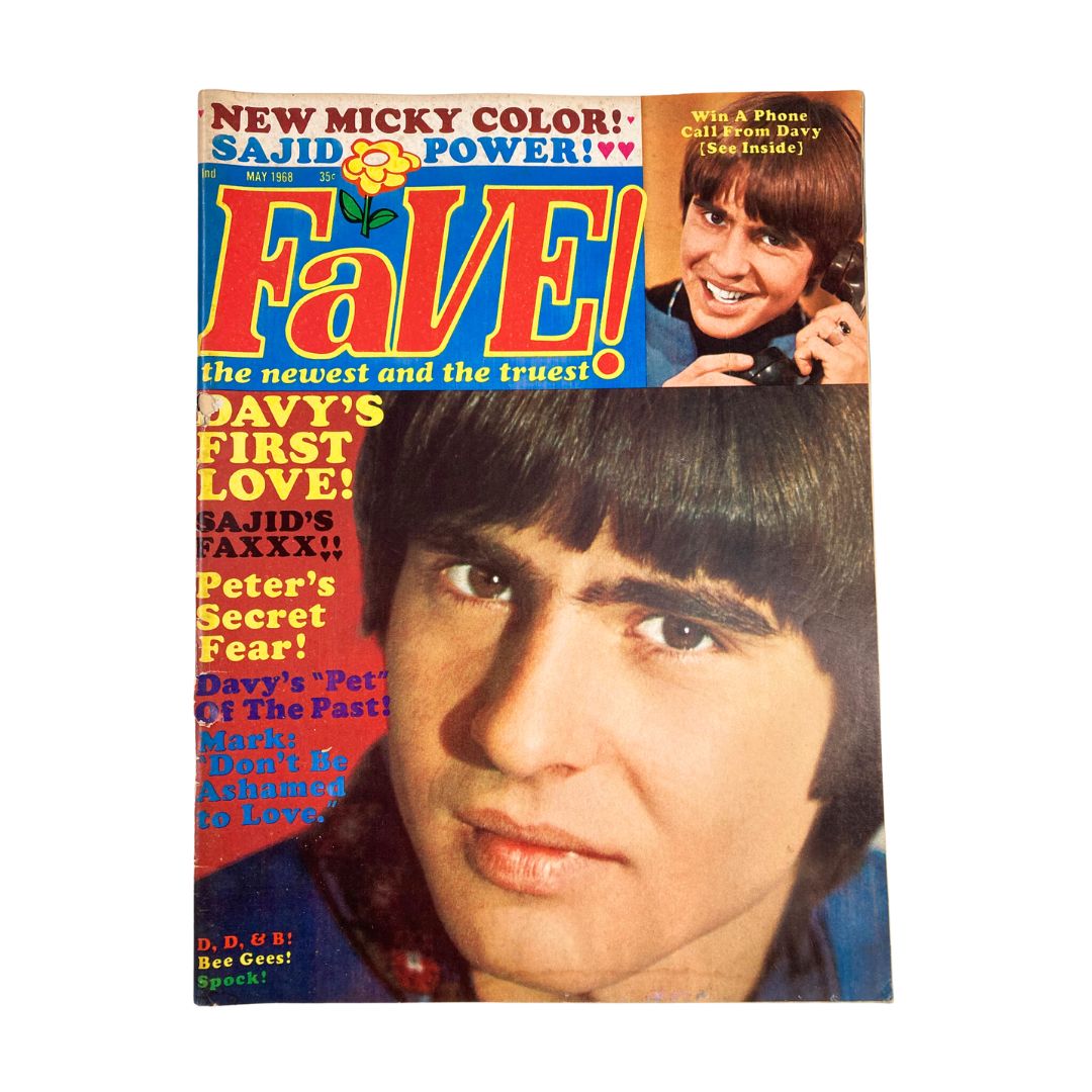 Cover of VTG FaVe Magazine May 1968 featuring Davy Jones, Sajid's Faxxxx, and Walter Koenig with vibrant colors and bold text.
