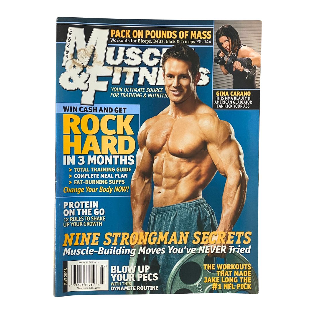 Muscle & Fitness Magazine July 2008 cover featuring professional bodybuilder Jeff Dwelle, showcasing workout tips and fitness insights.