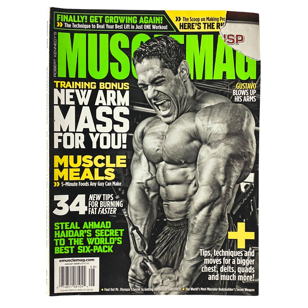 MuscleMag Magazine August 2009 No. 327 featuring Gustavo Badell on the cover, showcasing tips for bodybuilding and nutrition. A vintage fitness magazine with a worn corner, emphasizing its collectible value.