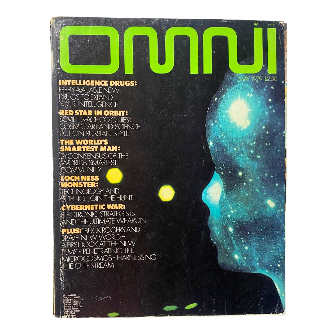 Cover of VTG Omni Magazine May 1979 featuring vibrant colors and the title 'OMNI'. The cover includes articles about intelligence drugs, space colonies, the Loch Ness Monster, and cybernetic war.