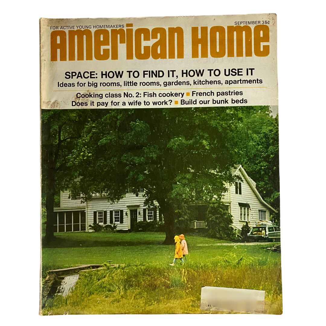 Cover of VTG American Home Magazine September 1967 titled 'The Mood of September' featuring a serene scene with two individuals walking in raincoats near a house surrounded by greenery.