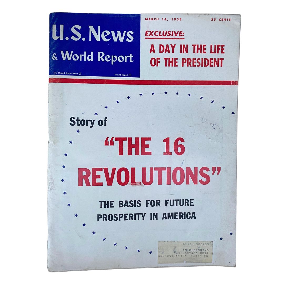 Cover of US News & World Report Magazine from March 14, 1958, featuring the story of 'The 16 Revolutions', highlighting significant historical events.