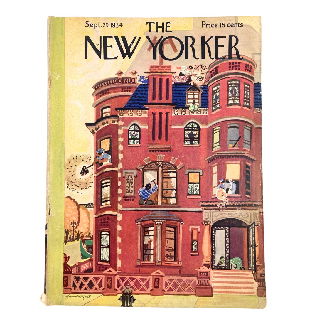 The New Yorker Magazine September 29 1934 featuring a vibrant cover illustration of a Brownstone House by Arnold Hall, showcasing the architectural beauty and artistic style of early 20th-century New York.