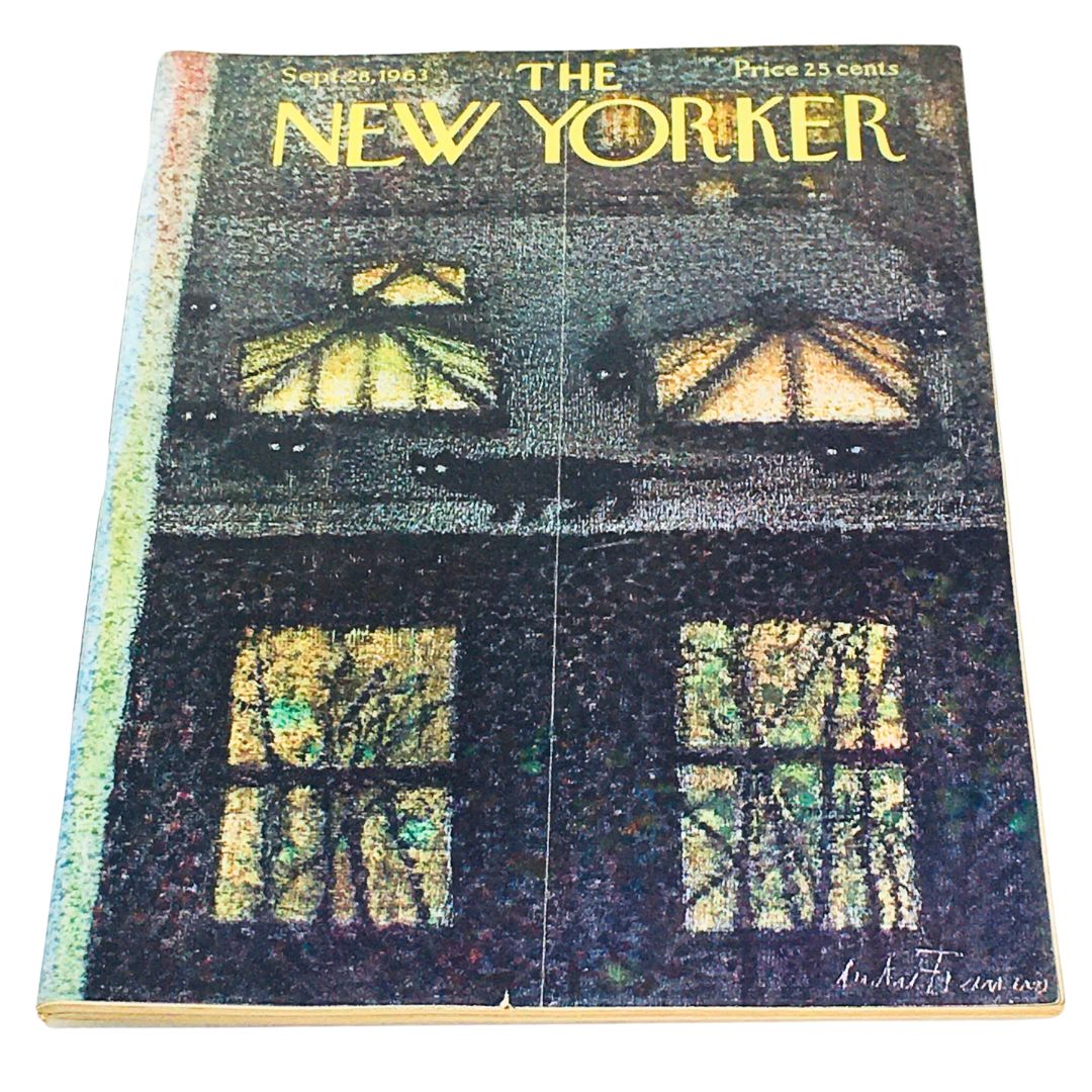 The New Yorker: September 28, 1963 magazine cover designed by Andrei Francois, showcasing a night scene with illuminated windows, highlighting vintage artistry and historical significance.