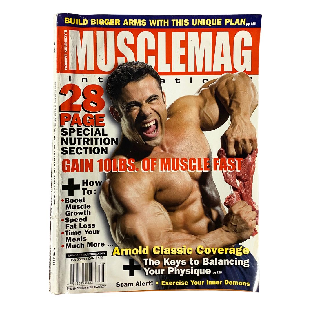 Cover of MuscleMag International Magazine June 2007 featuring Moe El Moussawi showcasing bodybuilding tips and nutrition strategies.