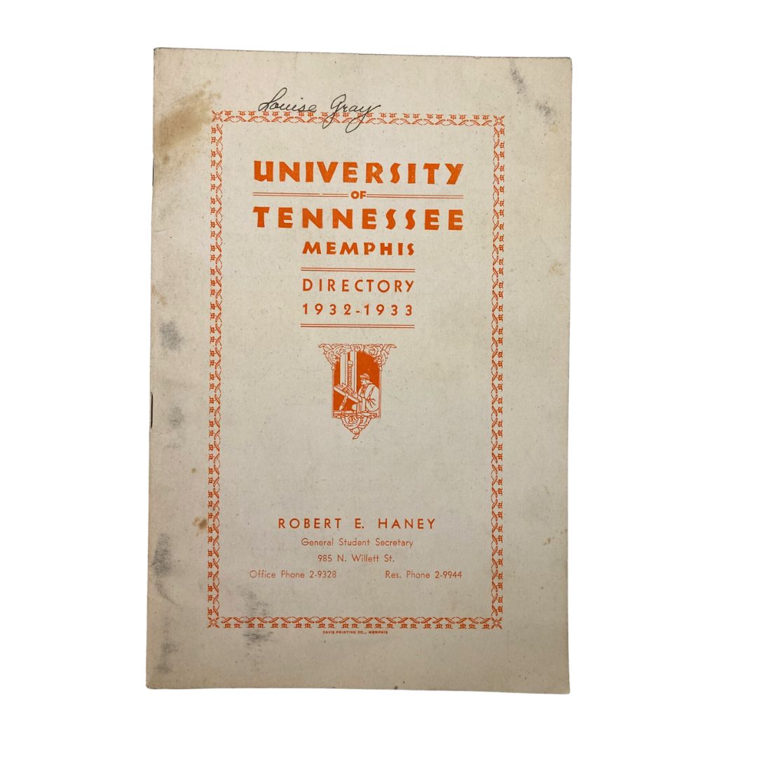 Cover of the 1932-1933 University of Tennessee Memphis Directory featuring ornate design and title details.