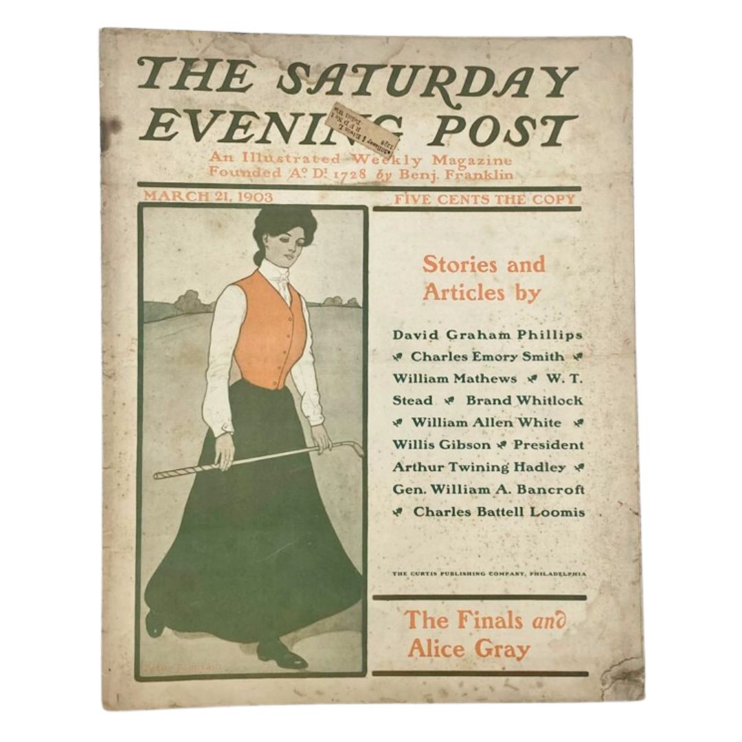 Saturday Evening Post Illustrated Cover from March 21, 1903, featuring 'The Finals and Alice Gray,' showcasing early 20th-century illustration art.