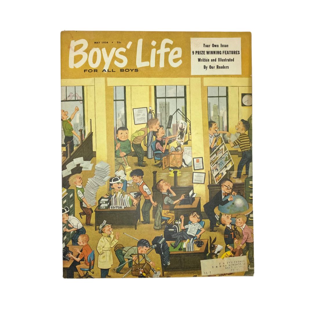 Boys' Life magazine cover from May 1954 featuring an illustration of boys engaged in various activities inside an office setting. The cover highlights the title 'Boys' Life for All Boys' showcasing the theme of adventure and imagination, centered on the story of Pedro, the Iron Shod Mail Carrier.