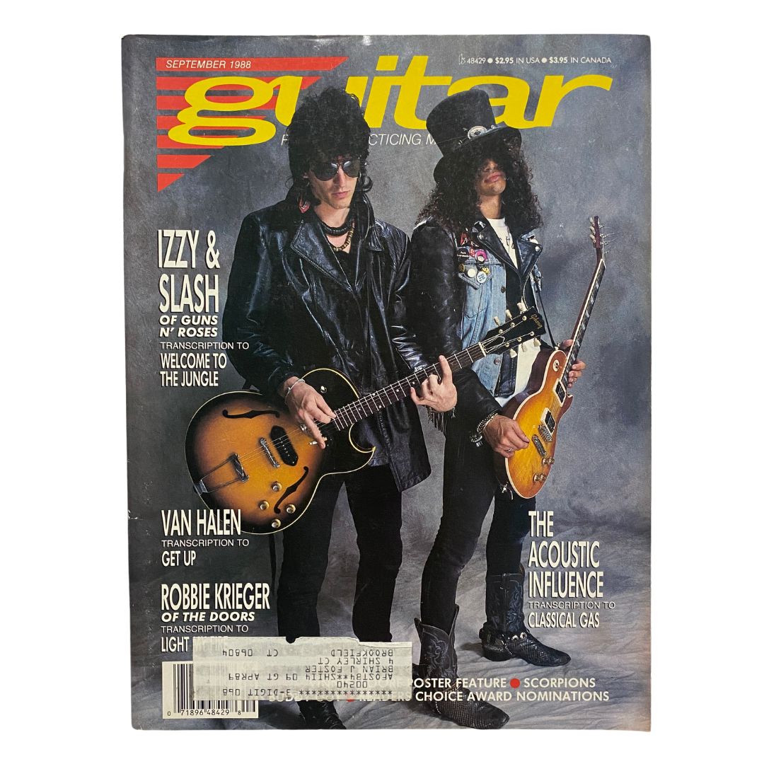 Cover of Guitar for the Practicing Musician Magazine September 1988 featuring Izzy and Slash of Guns N' Roses, highlighting their iconic styles with guitars and a vibrant design.