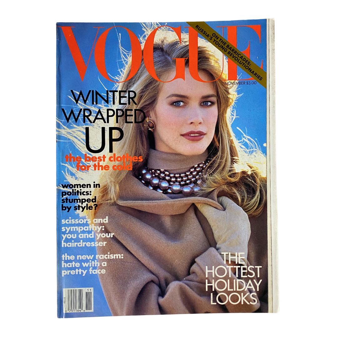 Cover of Vogue Magazine from November 1991 featuring Claudia Schiffer, shot by Patrick Demarchelie, showcasing 90s fashion trends with a winter theme and elegant styling.