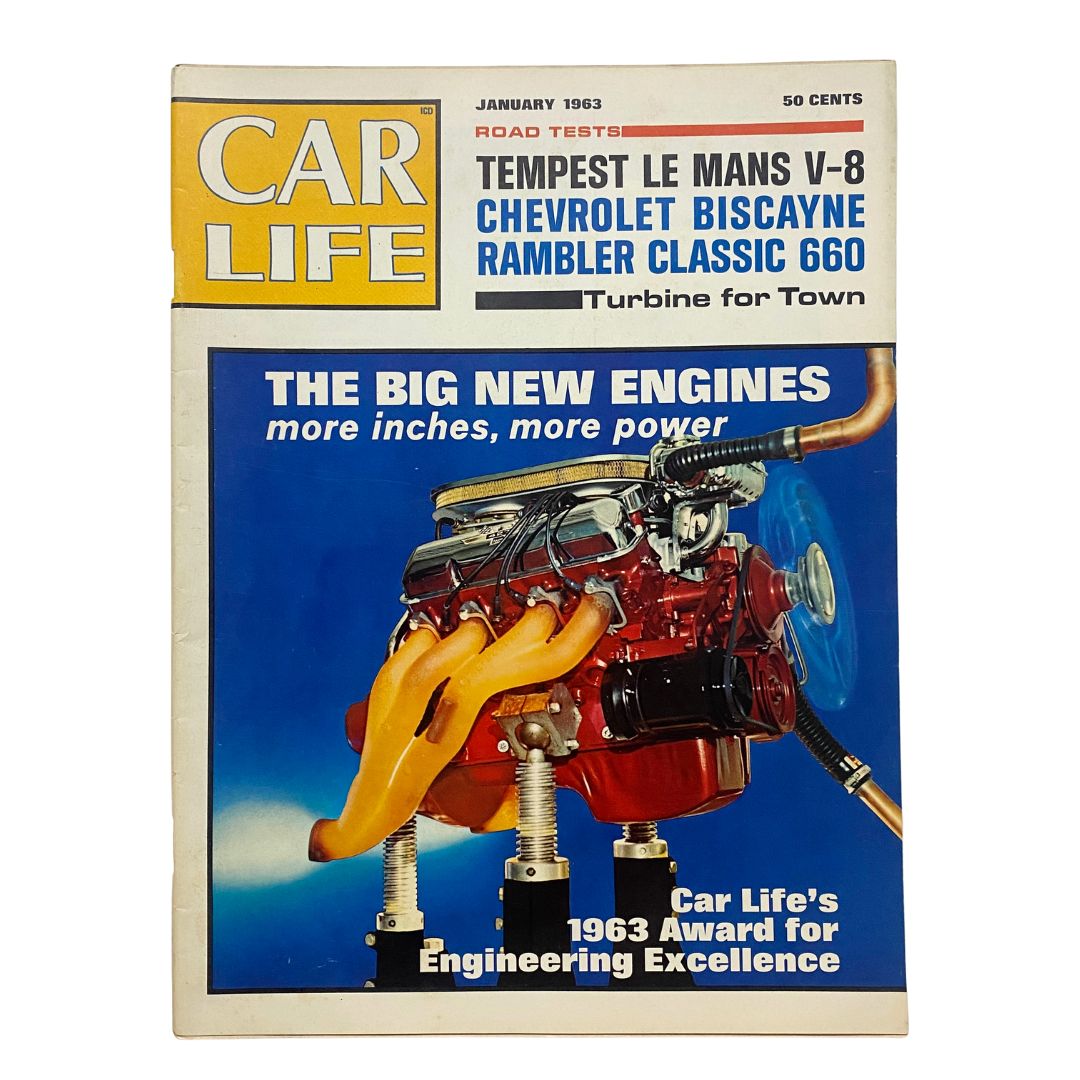 Cover of VTG Car Life Magazine January 1963 featuring the Tempest Le Mans V-8, with a focus on road tests and automotive innovation of the 1960s.