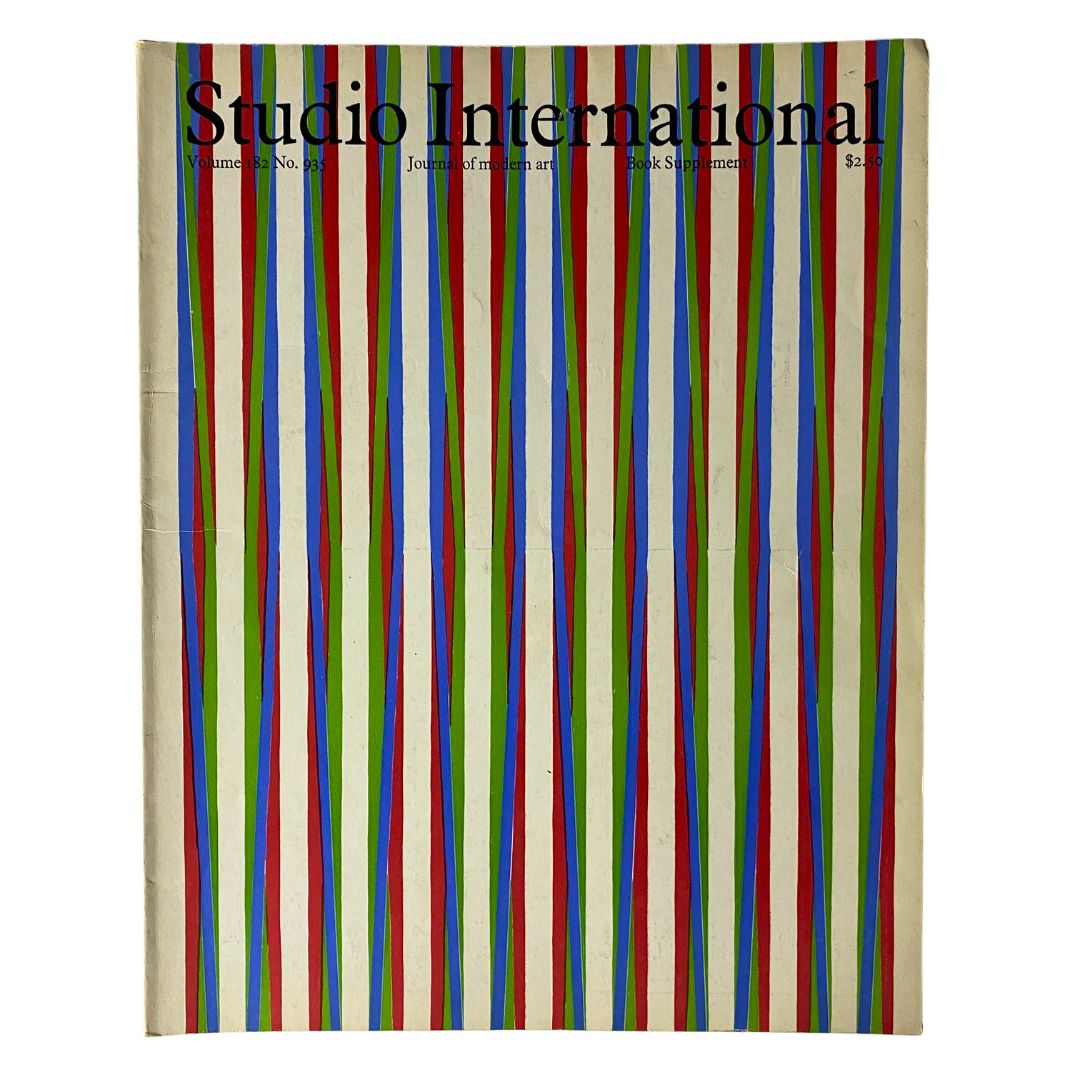 Cover of VTG Studio International Magazine July 1971 featuring colorful vertical stripes in red, green, blue, and beige; titled 'Studio International' with journal details.