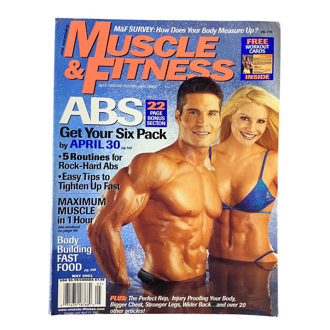 Cover of Muscle & Fitness Magazine May 2001 featuring the title 'Maximum Muscle in 1 Hour'. The magazine showcases a muscular male figure and a fit female figure, emphasizing fitness and bodybuilding tips. Perfect for fitness enthusiasts and vintage magazine collectors.
