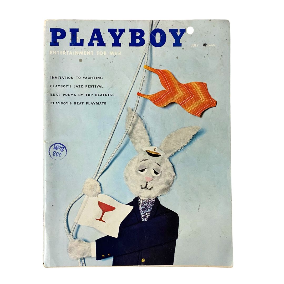 Cover of Playboy Magazine July 1959 featuring an illustration of a cartoon rabbit in a suit holding a drink, with the title 'Playboy' prominently displayed.