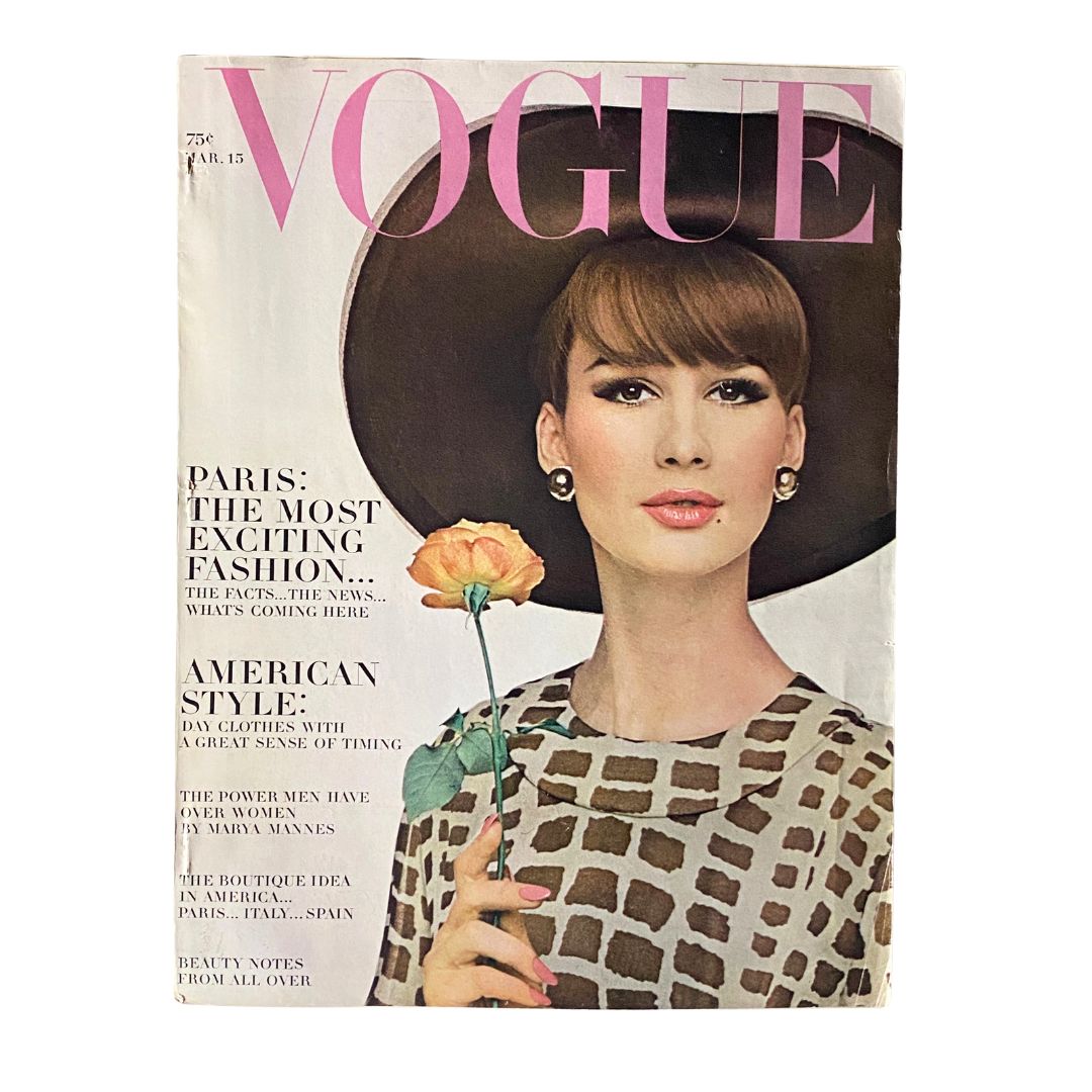 Vintage Vogue Magazine, March 15, 1964: Brigitte Bauer featured on the cover.