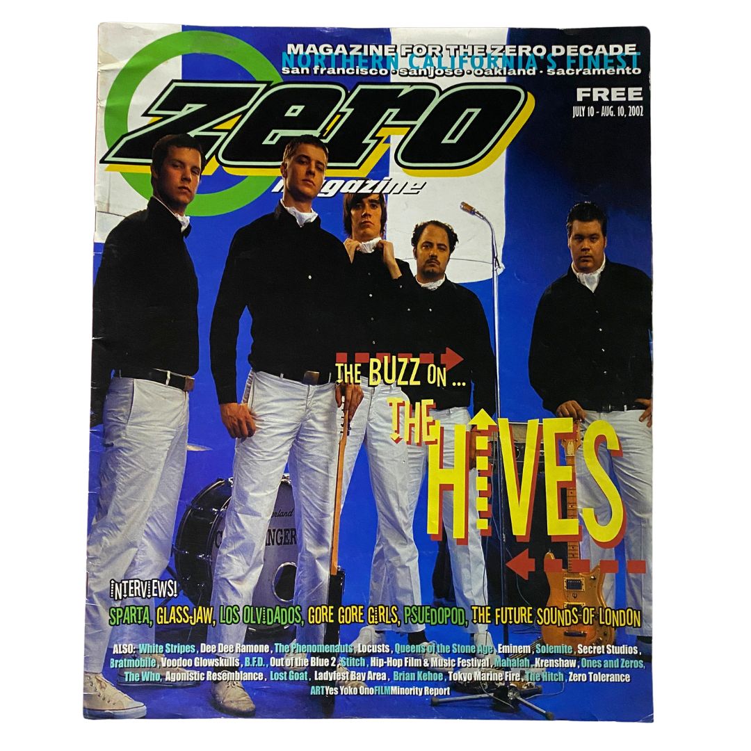 Cover of Zero Magazine from July to August 2002, featuring an article titled 'The Buzz on The Hives', highlighting the indie rock band The Hives.