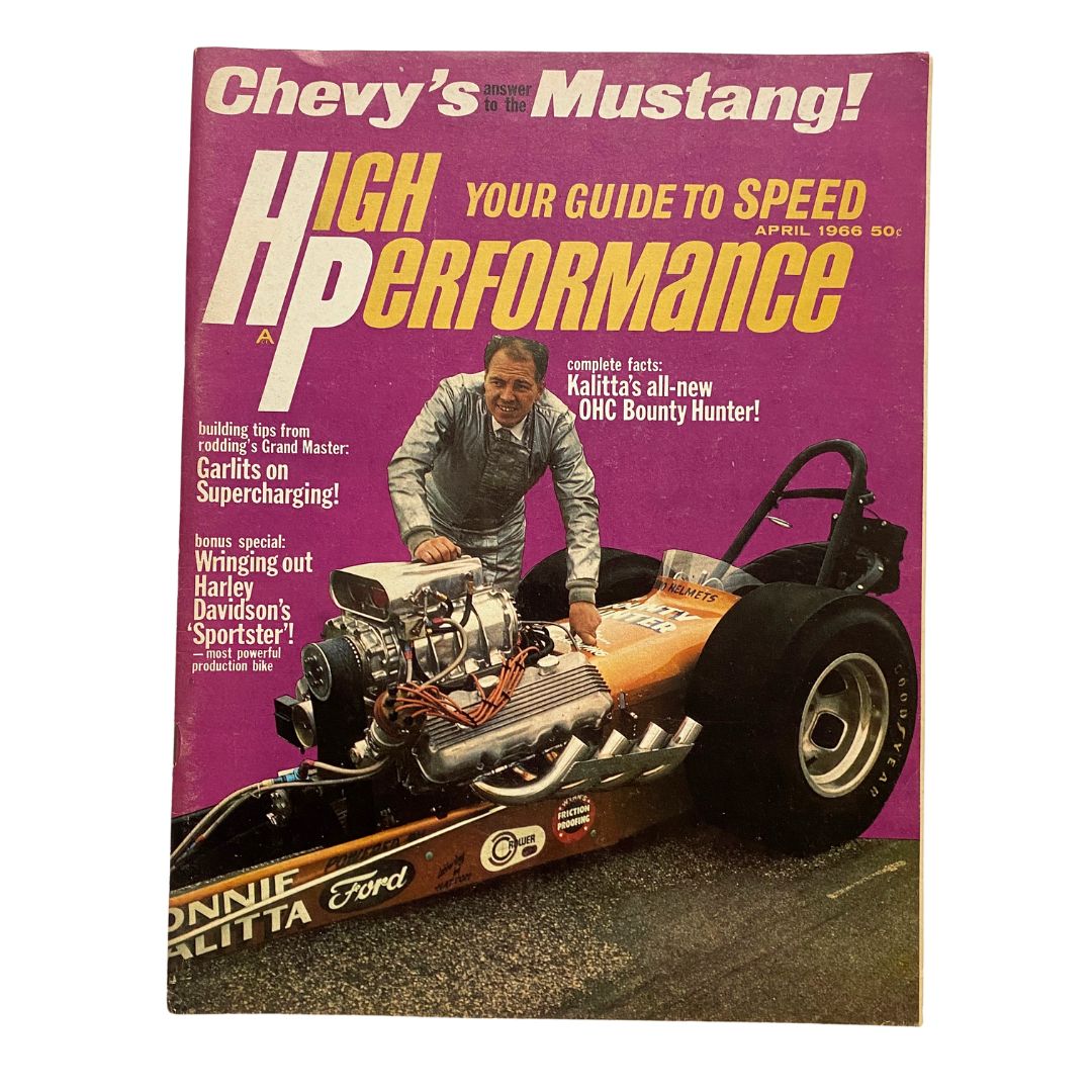 Cover of VTG High Performance Magazine April 1966 featuring Don Garlits on supercharging, showcasing a drag racing car.