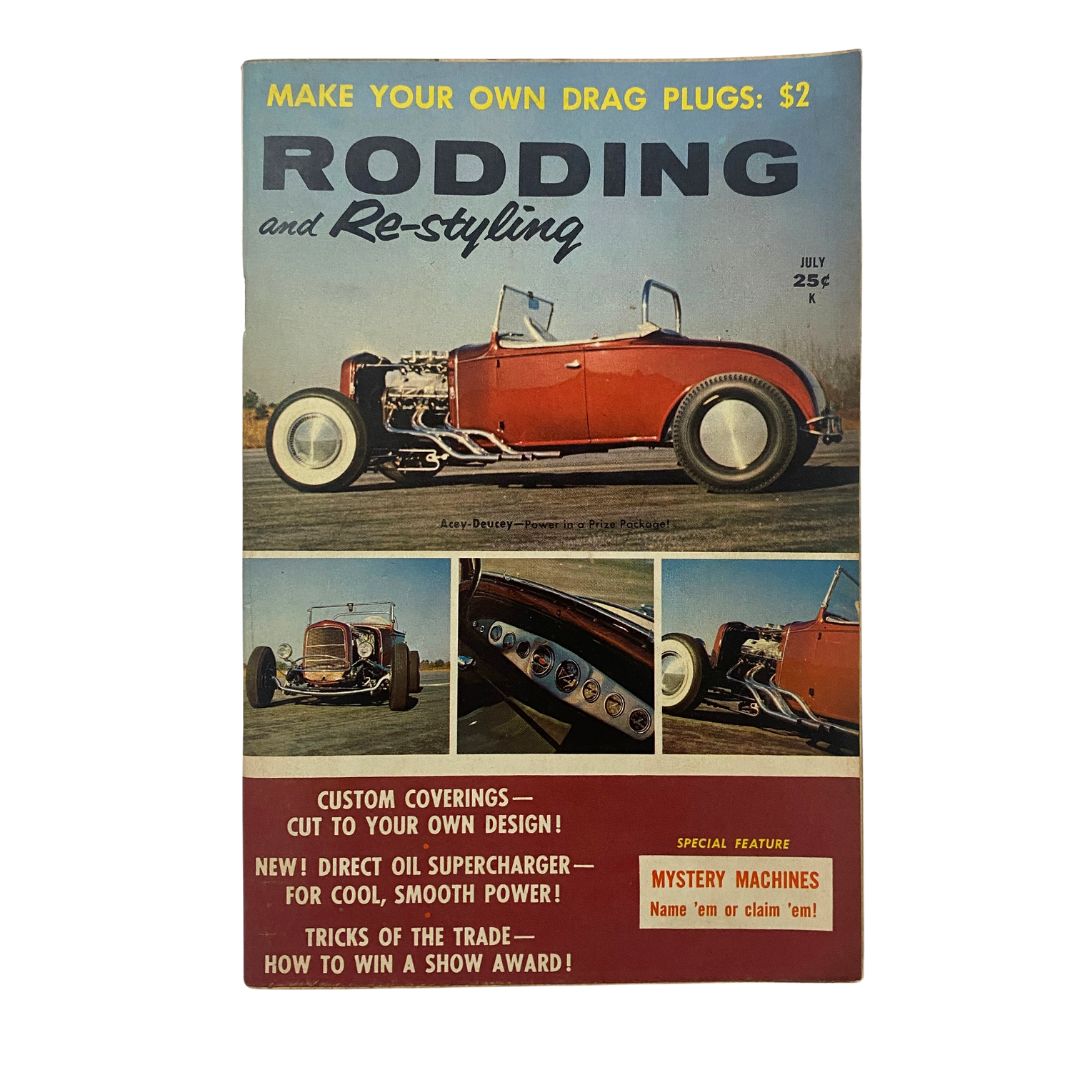 Cover of VTG Rodding & Re-Styling Magazine July 1959 featuring a classic hot rod and highlights on custom car modifications.