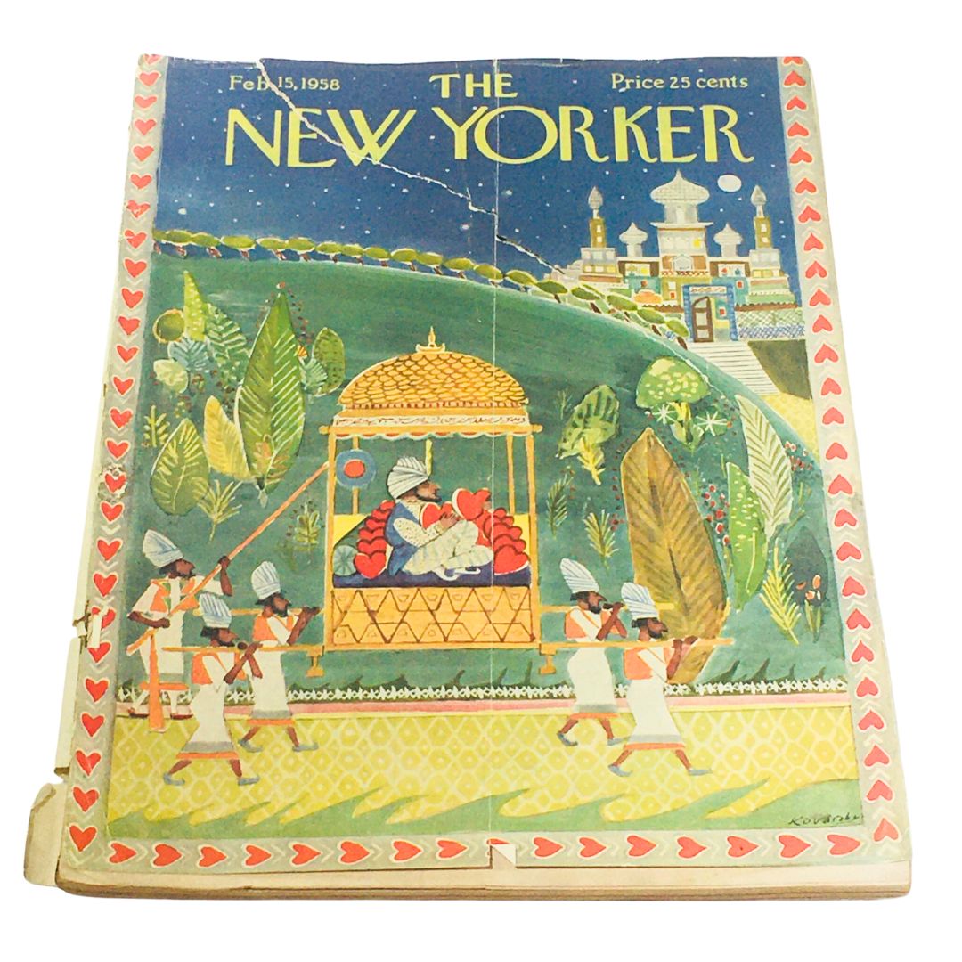 The New Yorker February 15, 1958 Full Magazine Theme Cover by Anatol Kovarsky showcasing colorful artwork depicting a royal procession with guards and an ornate palanquin.