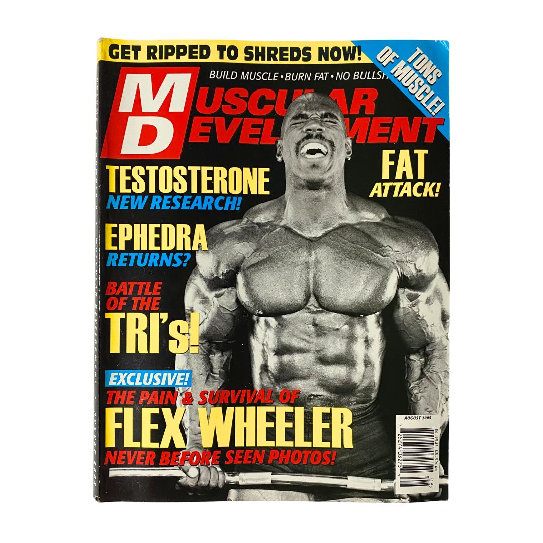 Muscular Development Magazine August 2005 featuring Ken Wheeler on the cover, showcasing bodybuilding culture with bold headlines and vibrant design.