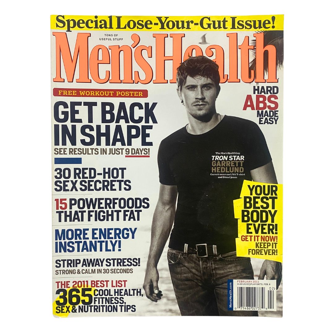 Men's Health Magazine February 2011 featuring Tron star Garrett Hedlund on the cover, emphasizing fitness and health with a focus on getting back in shape.