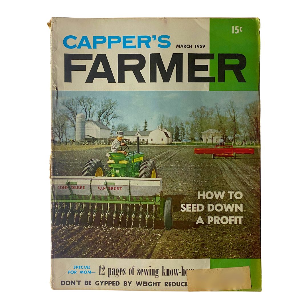VTG Carper's Farmer Magazine March 1959 cover featuring a farmer seeding down a profit with a tractor, showcasing the agricultural practices of the era.