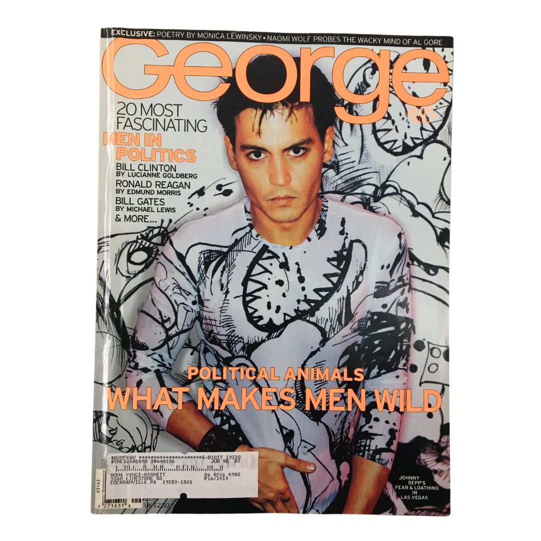 Cover of George Magazine June 1998 featuring Johnny Depp in a striking design. The headline reads 'Political Animals - What Makes Men Wild', highlighting the blend of celebrity and politics that defines the issue.