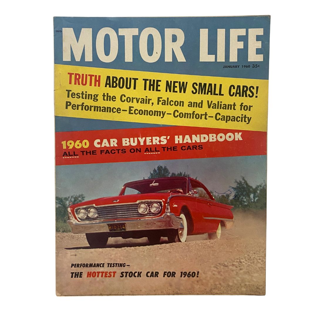Vintage Motor Life Magazine cover from January 1960 featuring the title 'Truth About The New Small Cars!', showcasing a red car on a dirt road, highlighting automotive performance and economy.