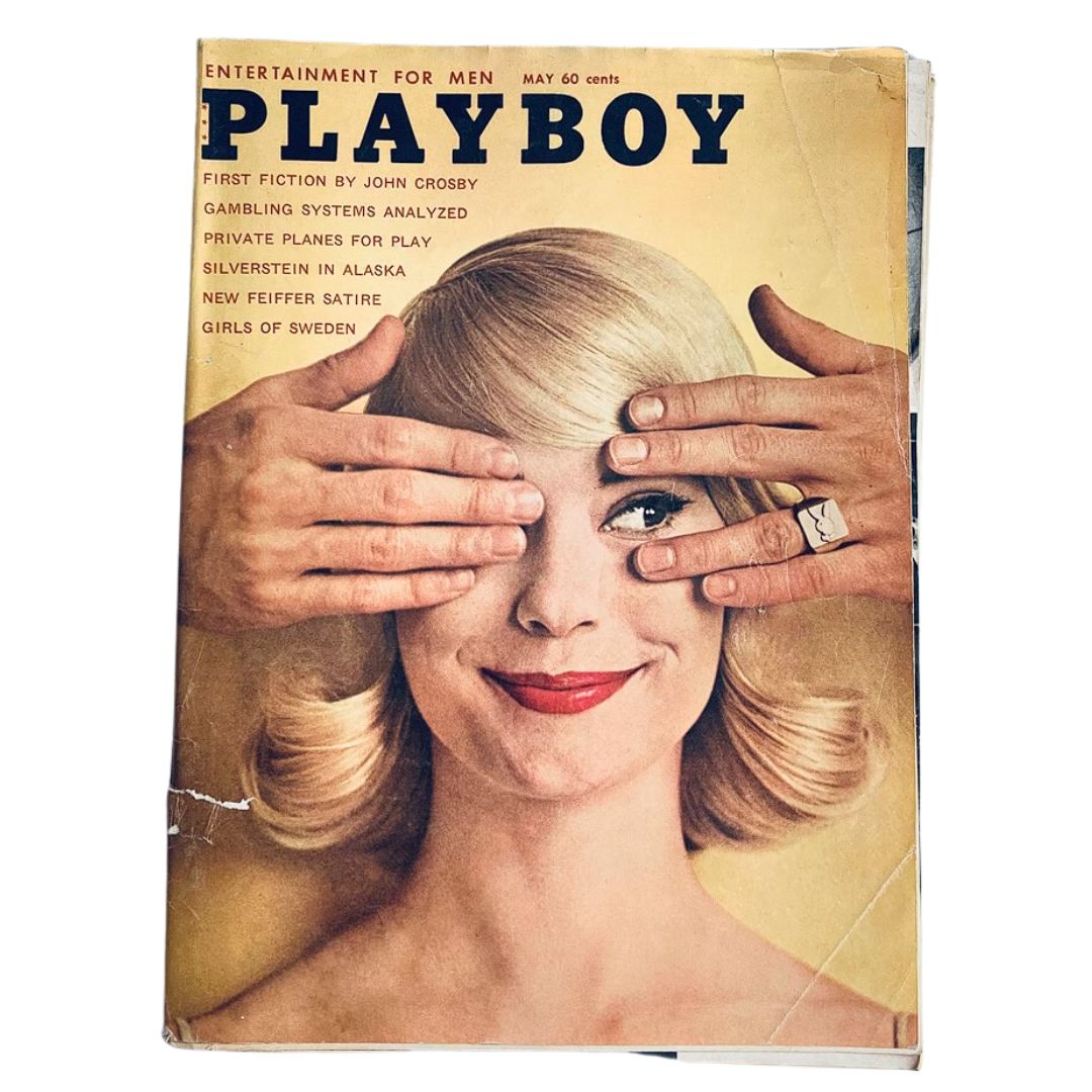 VTG Playboy Magazine May 1961 cover featuring a woman with blonde hair, hands covering her eyes, and bold text, a collectible vintage item.