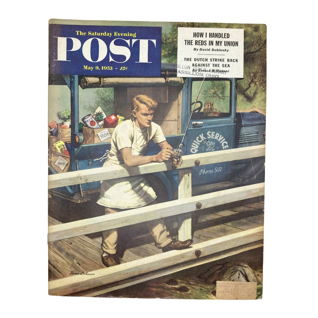 Cover of the Saturday Evening Post Magazine, May 9, 1953, featuring artwork titled 'Jack's Father' by Stevan Dohanos, depicting a young man fishing near his delivery truck surrounded by nostalgic Americana.