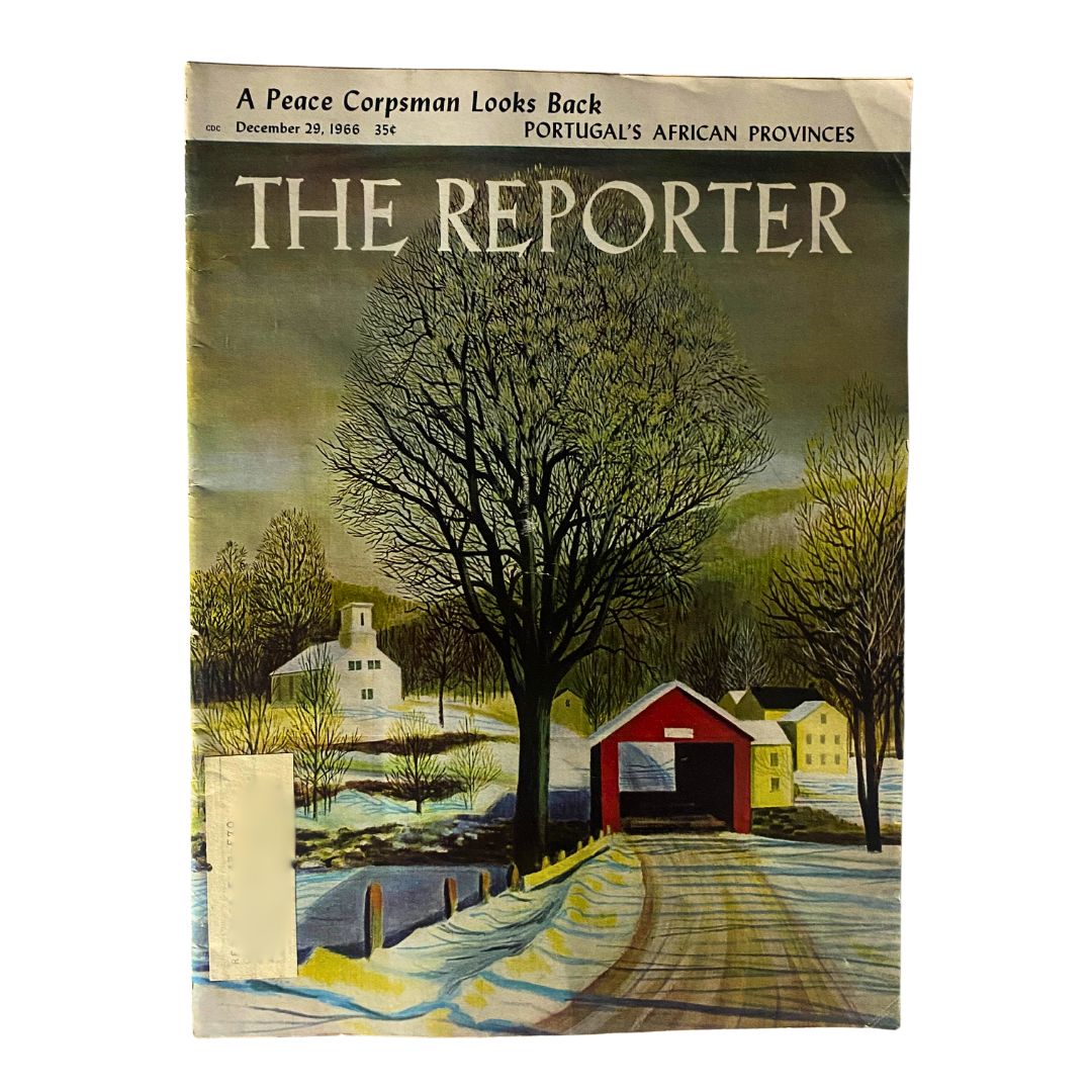 Cover of VTG The Reporter Magazine December 29, 1966, featuring an artistic depiction of a snowy landscape, highlighting a Peace Corpsman's reflective article.