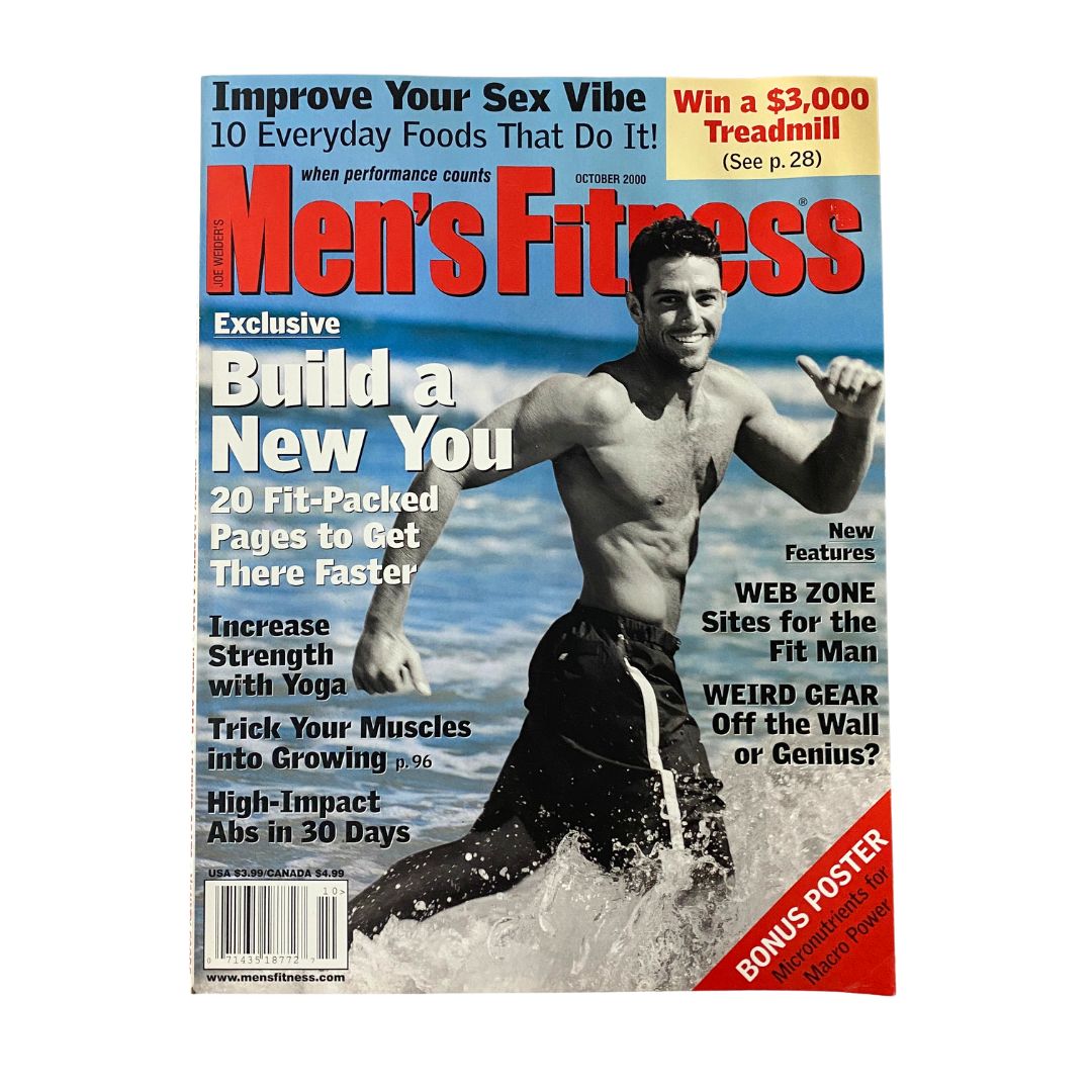 Men's Fitness Magazine October 2000 featuring Cameron Bradford on the cover, highlighting fitness insights and wellness strategies with a vibrant design and promotional poster.