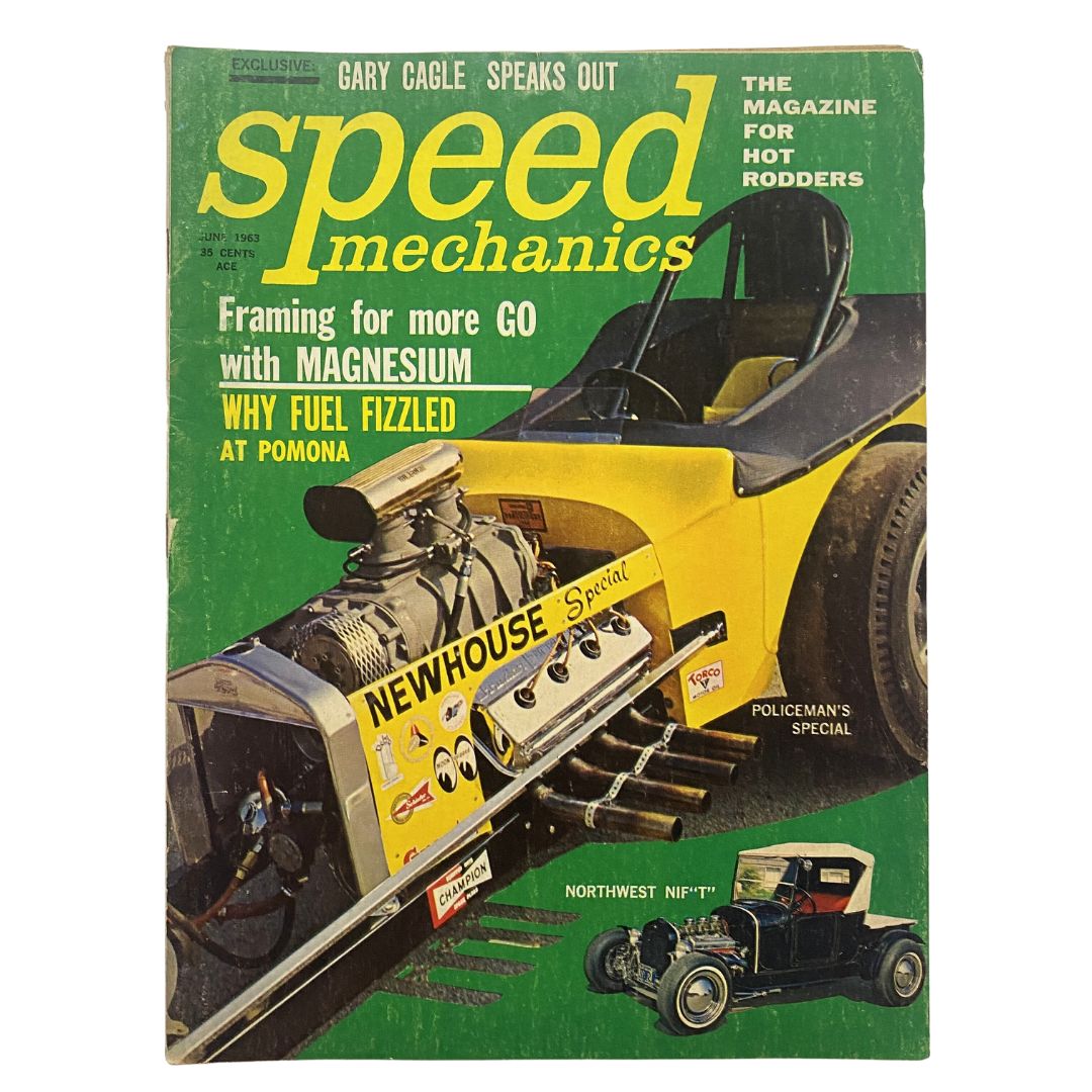 Cover of VTG Speed Mechanics Magazine June 1963 featuring the article 'Why Fuel Fizzled at Pomona,' showcasing a yellow racing car and automotive insights from the early 1960s.