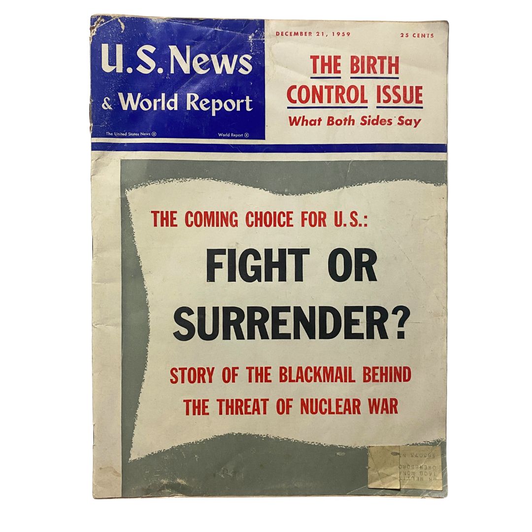 Cover of US News & World Report Magazine from December 21, 1959, featuring the title 'The Birth Control Issue' and subheading 'What Both Sides Say,' discussing critical social issues of the late 1950s.