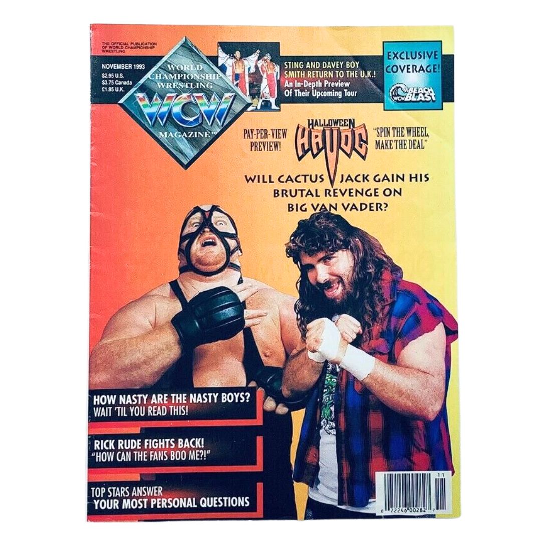 WCW Wrestling Magazine November 1993 cover featuring Cactus Jack and Big Van Vader, highlighting a key wrestling showdown and promotional content.