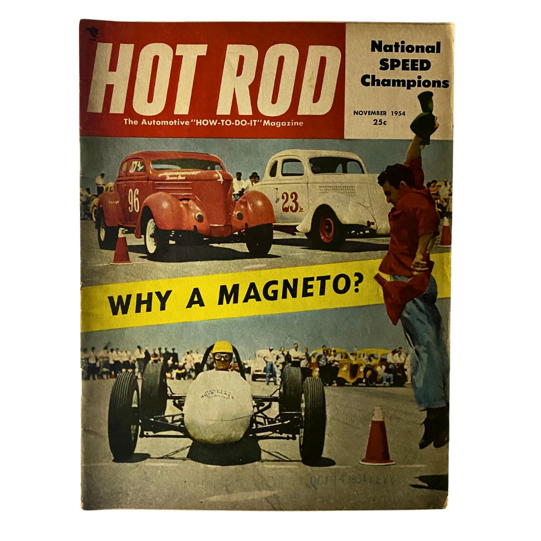 VTG Hot Rod Magazine November 1954 National Speed Champions cover showcasing race cars and a driver in action, highlighting the automotive culture of the era.