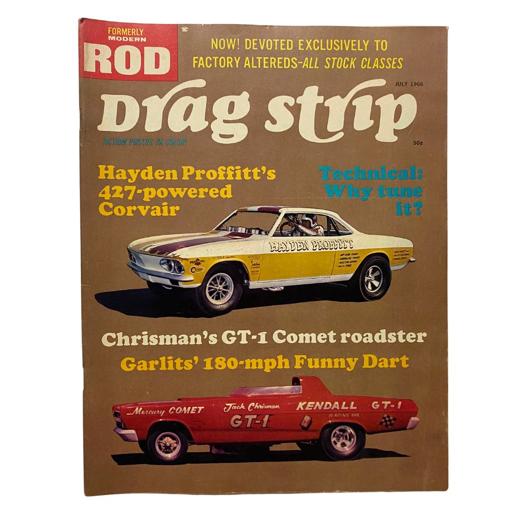 VTG Drag Strip Magazine July 1966 featuring Hayden Proffitt's 427-Powered Corvair on the cover, showcasing vintage drag racing culture.