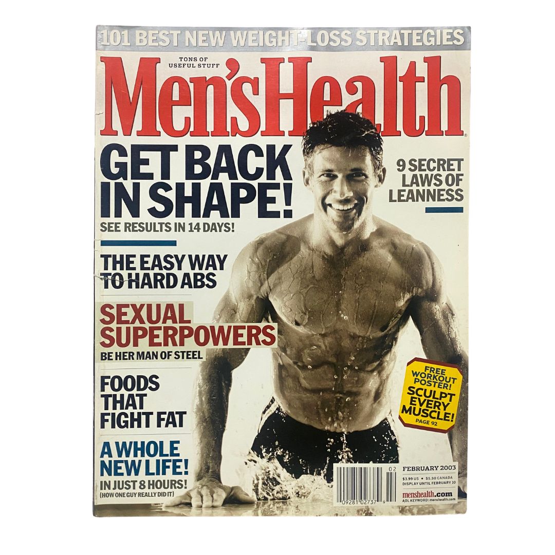 Cover of Men's Health Magazine February 2003 featuring the headline 'The Easy Way To Hard Abs' with an image of a muscular man. The magazine promotes fitness strategies and offers articles on healthy living.