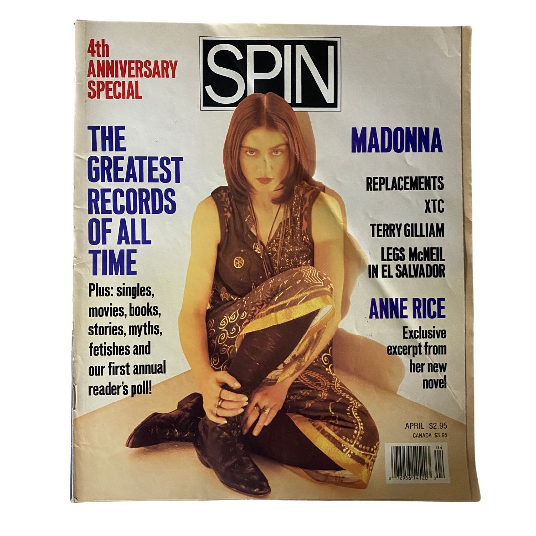 Cover of VTG Spin Magazine April 1989 featuring Madonna on the front, celebrating the magazine's 4th Anniversary Special, highlighting the greatest records of all time.