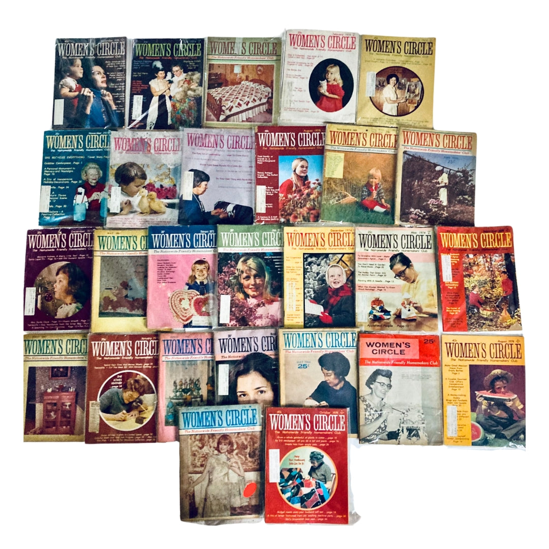 Collection of 27 Women's Circle Friendly Homemakers' Club magazines from the 1960s and 1970s, showcasing vintage covers and nostalgic themes.