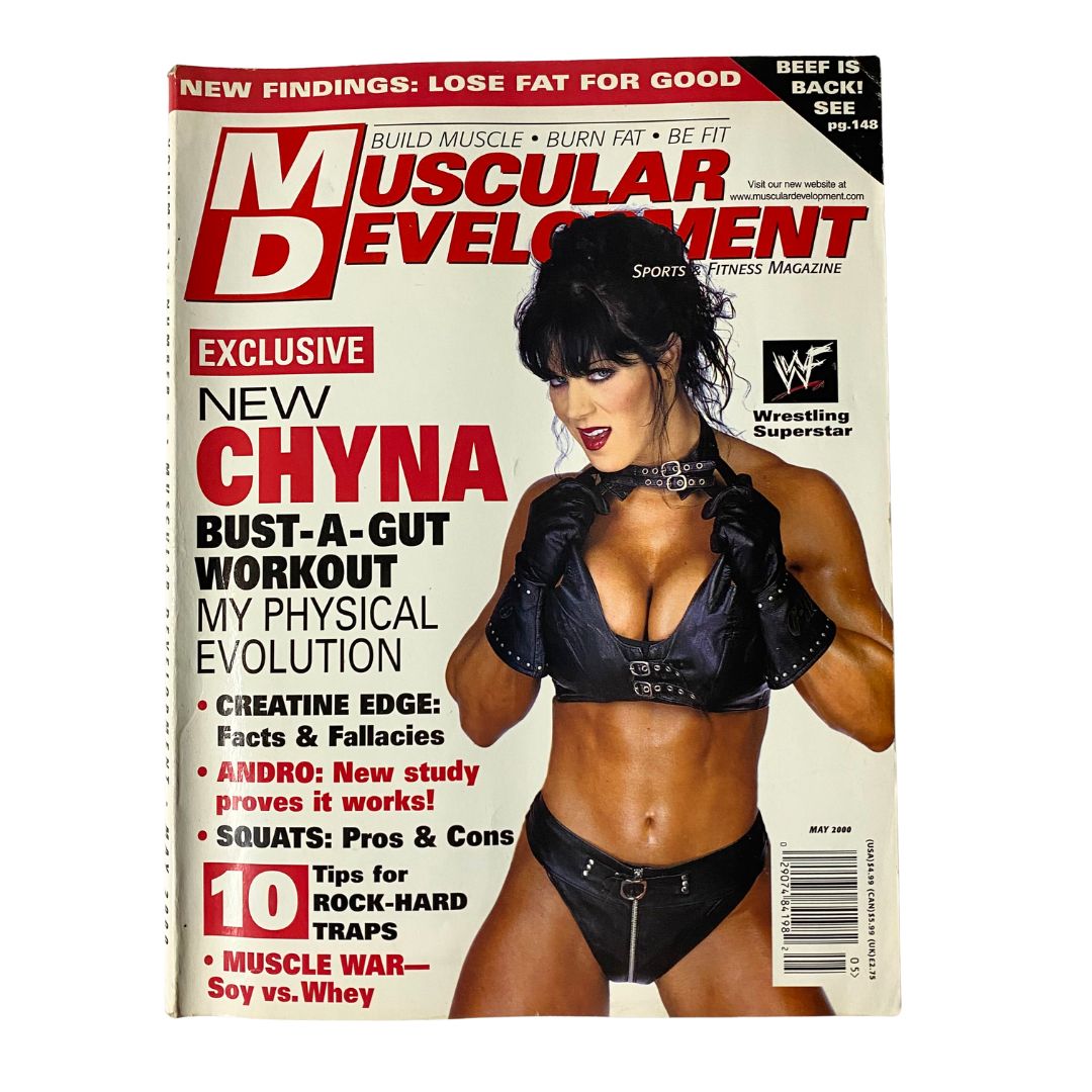 Muscular Development Magazine May 2000 featuring Chyna on the cover, showcasing her wrestling prowess and fitness insights, making it a collectible item for wrestling fans.